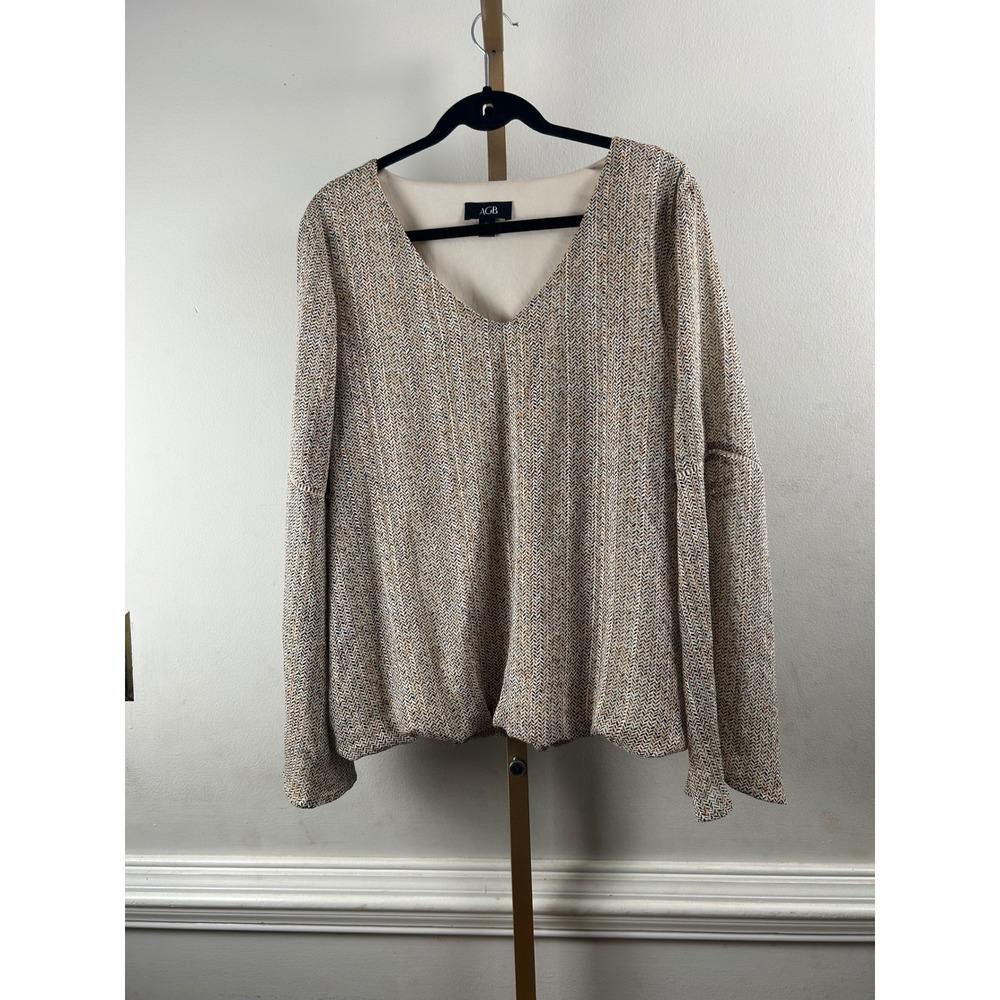 AGB V-Neck Bubble Hem Blouse Womens XL Multi-Color Metallic Chevron Top hoiday